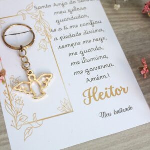 Chaveiro Espírito Santo com Cartão Oração do Anjo – Lembrancinha Personalizada para Batizado