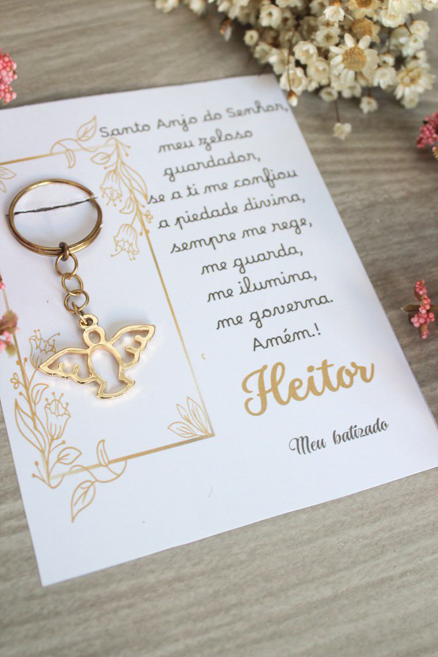 Chaveiro Espírito Santo com Cartão Oração do Anjo – Lembrancinha Personalizada para Batizado